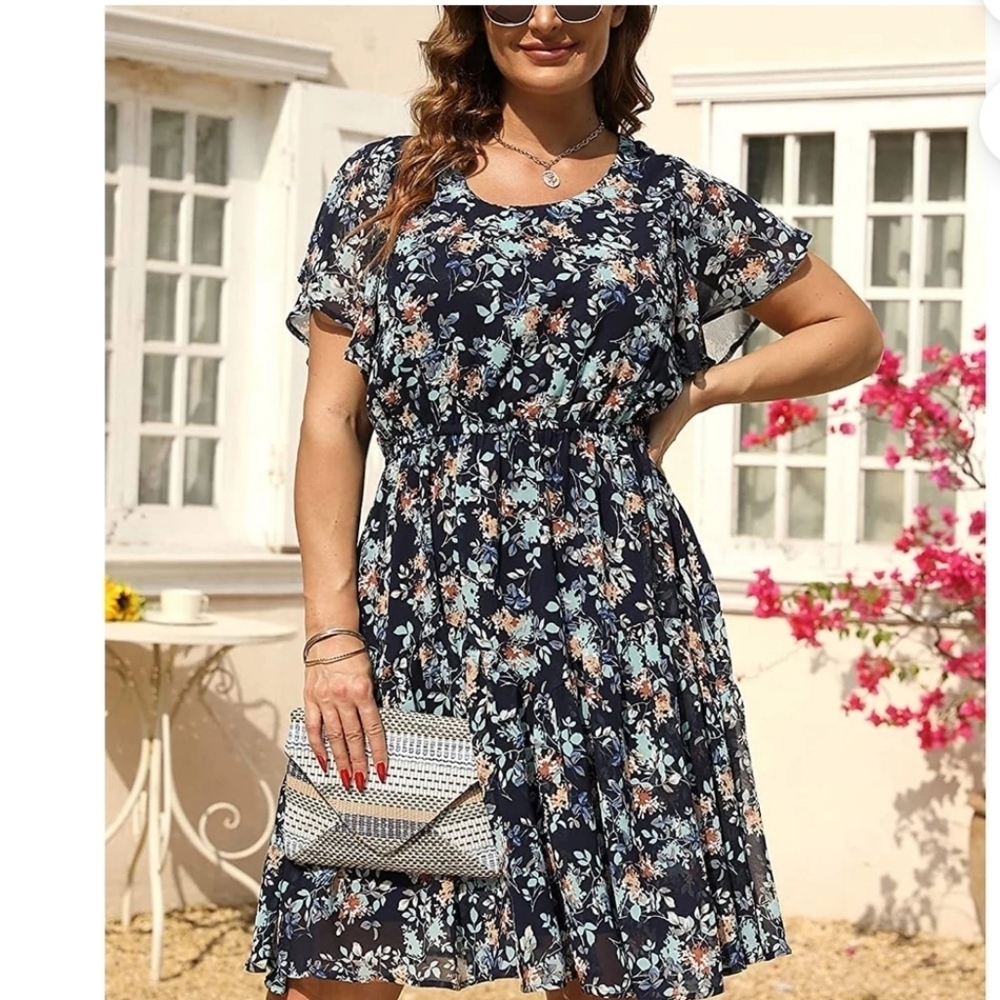 Nemidor Blue Floral Chiffon Dress Size 16